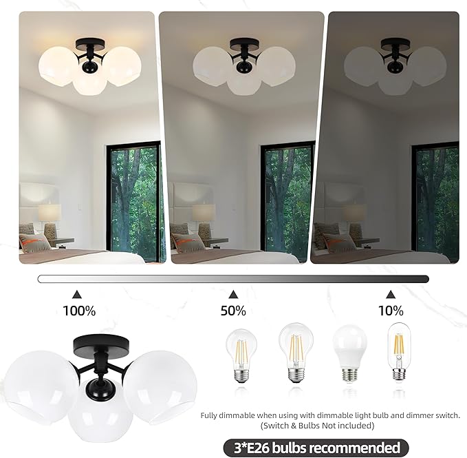 KoKo&Yukina 3-Light Mid Century Modern Black Semi Flush Mount Ceiling Light Globe Sputnik Chandelier Fixture Milk Glass Globe Ceiling Lights for Bedroom Living Room Hallway Entryway Foyer