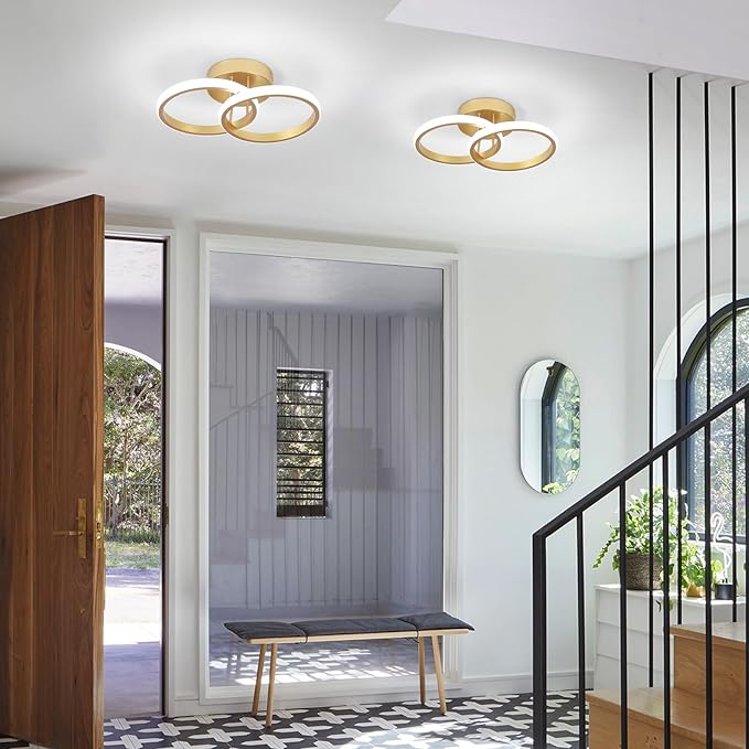 CANEOE Round Modern Led Ceiling Light Fixtures, 6000K Cool White Hallway Light Fixtures Ceiling, Bathroom Close to Ceiling Lights for Corridor Stair Aisle Lamps (Gold, 1 Pack)
