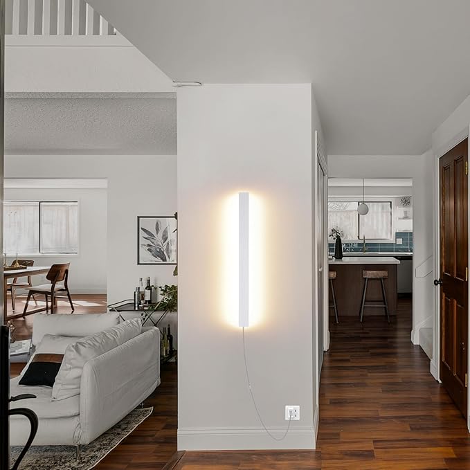 KELUOLY Modern Plug in Wall Sconces, 23.6 inch Frosted White LED Long Wall Lights, 12W Warm White 3000K Acrylic Indoor Wall lamp,with 59" Plug Cable for Bedroom, Living Room, Bathroom Makeup, Hallway