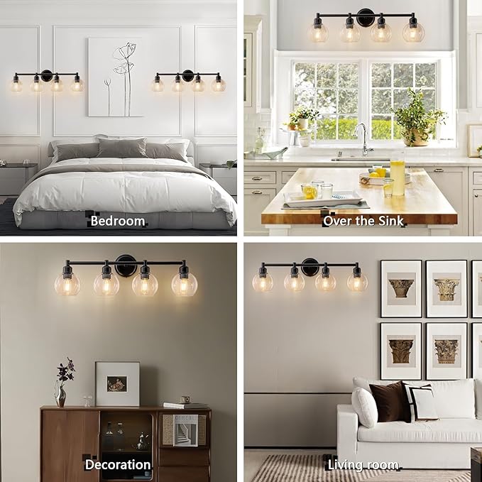 Bathroom Light Fixtures,4-Light Modern Bathroom Vanity Light,Black Wall Sconce with Clear Glass Globe Shades,Adjustable Brightness Wall Lights for Kitchen,Bedroom,Hallway,Living Room
