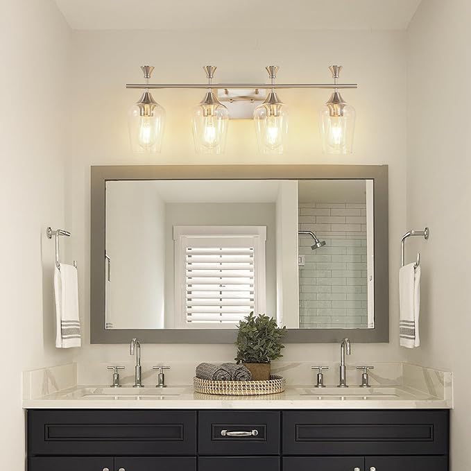 Bathroom Light Fixtures (4-Light, 29 Inch), Brushed Nickel Vanity Lights for Bathroom with Clear Wine Glass Glass Shade, Modern Vanity Wall Lights for Mirror Bedroom Living Room Kitchen Hallway Porch