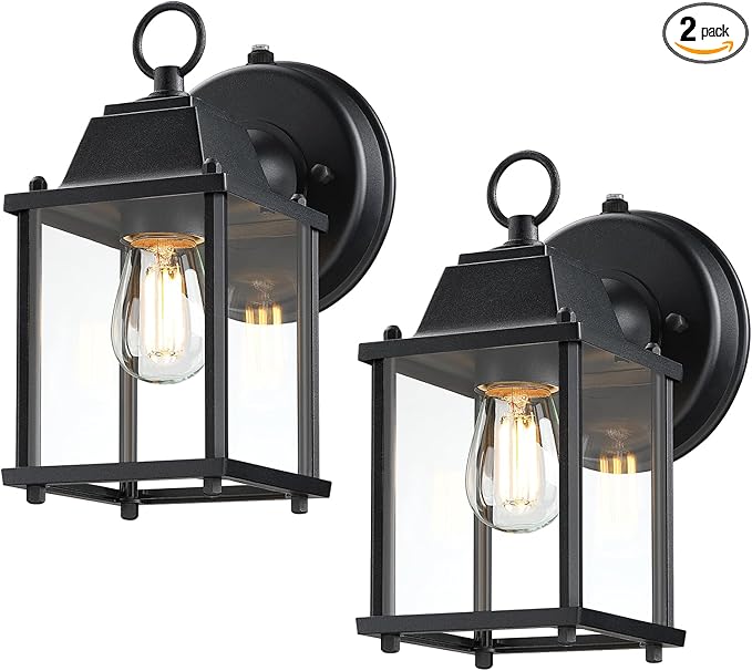 LIT-PaTH Dusk to Dawn Outdoor Wall Lantern, Wall Sconce, Waterproof Proch Light Fixture E26 Base, Aluminum Housing Glass Shade, Outdoor Rated, 2-Pack, Black