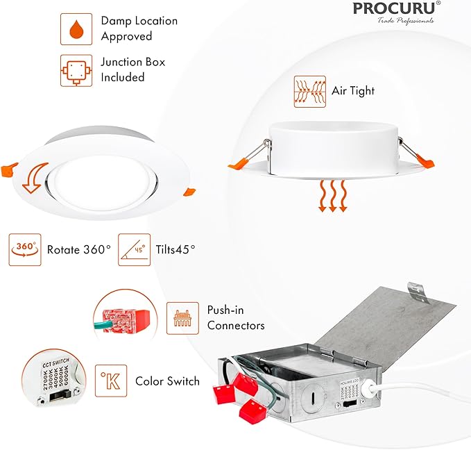 PROCURU [4-Pack] 6-Inch Gimbal (8-Inch Trim) Air-Tight LED 2700K-6000K 5CCT Adjustable, Rotate & Swivel Ultra-Thin Recessed Ceiling Downlight, Dimmable, IC Rated (VGB65W-4P)