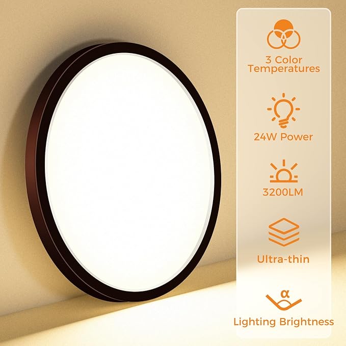 slochi LED Flush Mount Ceiling Light Fixture, 3000K-4000K-6500K & 100W Equivalent Modern Kitchen Recessed Ceiling Lamp 24W 3200Lm 12Inch Closet Round Surface for Bathroom Laundry-Oil-Rubbed Bronze
