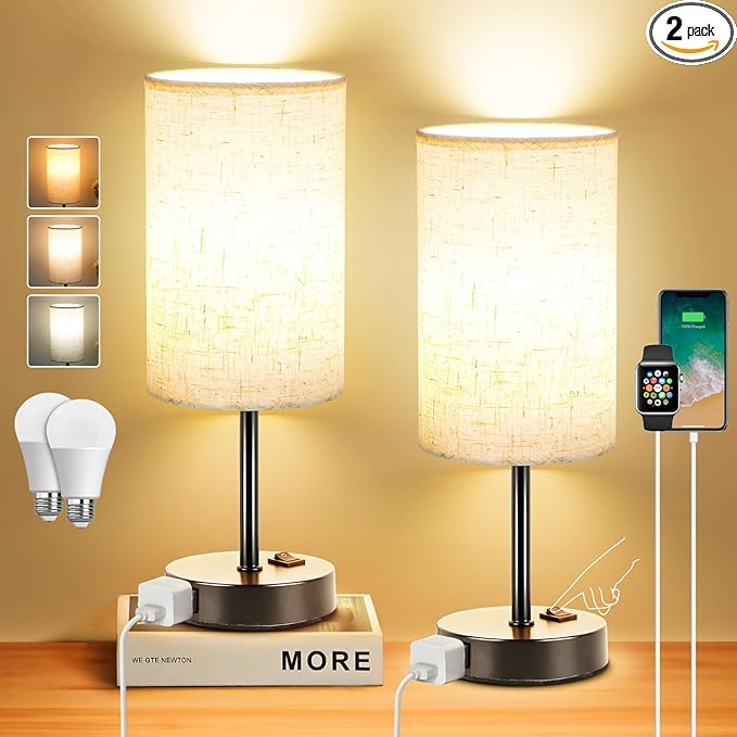 ZJOJO Table Lamp for Bedroom Set of 2, Bedside Small Lamps with 3 Way Dimmable Rocker Switch and AC Outlet, Nightstand Desk Lamp with Flaxen Fabric Shade Black Base for Living Room Home Decor Lights