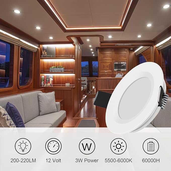 RVZONE RV Boat Recessed Ceiling Light 6 Pack 12V LED Puck Light with Hole Puncher DC 12V 3W Full Aluminum Downlights for Under Cabinet Camper Vans RV Interior Lighting,5500-6000k