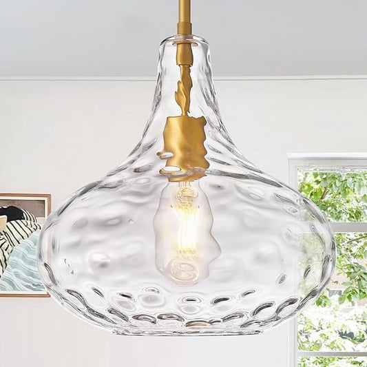 CATINER 11" Clear Glass Pendant Light – Large Hand-Blown Glass Shade with Hammered Texture and Gold Finish, Adjustable Ceiling Hanging Light for Kitchen Island, Dining Room, Hallway, Living Room