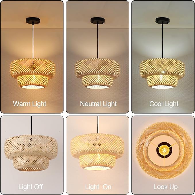 Farmhouse Bamboo Pendant Lights Hand-Woven Dining Room Light 13.78" Coastal Natural Wicker Pendant Light Rattan Hanging Lighting Fixture for Kitchen Island Living Room Bedroom Restaurant Foryer