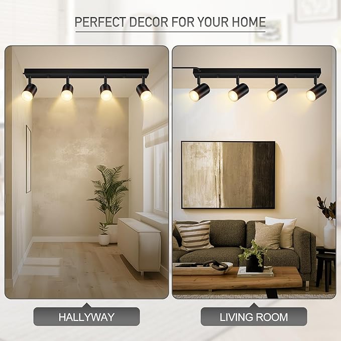 BoostArea Plug in Track Lighting, LED Track Light Kit, Black 4-Light Track Lights for Kitchen, 15 FT Cord,4 Way Ceiling Spotlight, Rotatable Wall Mount Light Head for Bedroom Hallway Living Room