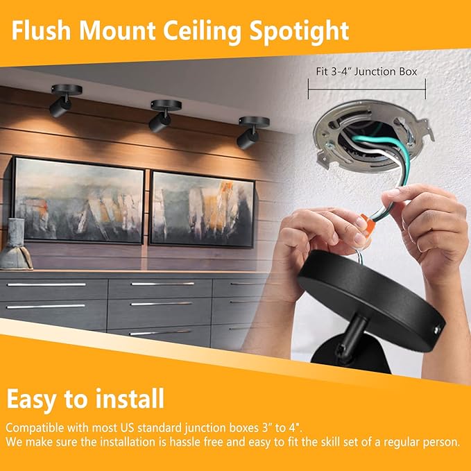 VANoopee Flush Mount LED Ceiling Spotlight Dimmable Adjustable Spotlight Directional Spot Lights Indoor Bright Can Accent Fixture for Living Room - CRI90 Flicker Free 10W 800lm 3000K Black 2 Pack