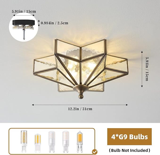 Star Brass Glass Ceiling Light - Small 12 Inch Black Bronze Hammered Flush Mount Fixture - Unique Art Deco Vintage Modern Lighting Lights for Bedroom Dining Entry Hall Hallway Outdoor Porch