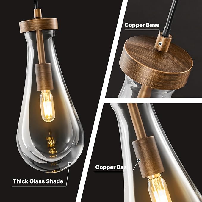Raindrop Pendant Lights Kitchen Island: 2 Head Copper Brown Teardrop Hanging Light - Durable Crystal Pendants Light over Dining Table - Raindrop Lighting Fixture for Bedroom Hallway Bulbs Included
