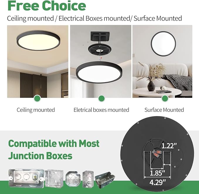12PK 12 Inch LED Flush Mount Ceiling Lights, 24W, 2520LM, 3000K/4000K/6000K CCT Selectable, Round Flat Panel Low Profile Ceiling Lights Fitting for Hallway, Kitchen, Bedroom, Laundry Room, Black