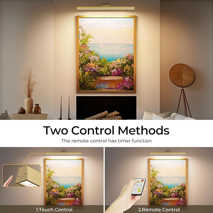 Afyuol Picture Lights for Wall, Brushed Gold Battery Operated Picture Light 24in Art Light CCT Dimmable Recharging Battery Wall Light with Remote Control for Living Room Gallery