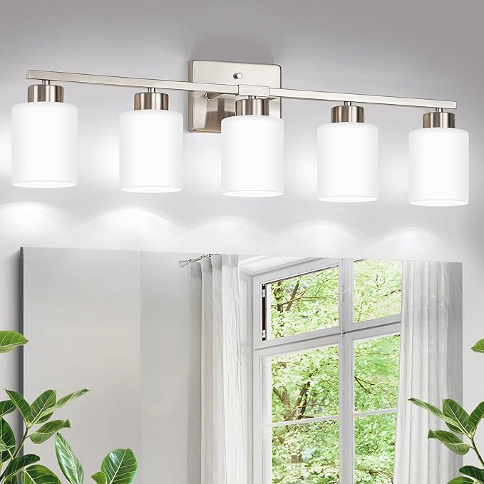 Brushed Nickel Bathroom Light Fixtures, 5-Light Modern Vanity Lights with Milky White Frosted Glass Shades, Wall Sconces for Mirror, Bathroom, Restroom (E26 Socket)