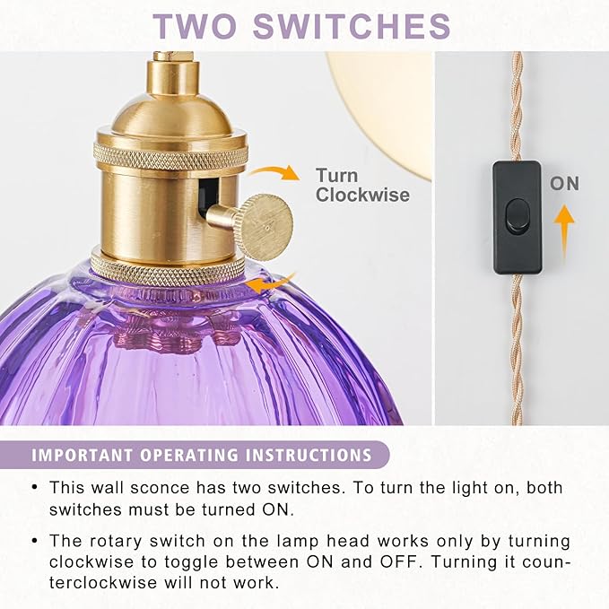 Plug in Wall Sconces Set of 2, Vintage Wall Sconce Light with Tulip Purple Glass Lampshade, Bedroom Wall Sconce with Switch and Plug in wall lamp Cord, Gold Wall Light Wall Decor Set of 2