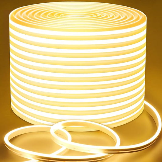 Lamomo Outdoor Neon Rope Lights, 49.2ft Warm White IP65 Waterproof Dimmable Led Strip Lights, 24V 3000K Silicone 1800 LEDs Neon Lights for Indoor, Kitchen, Bedroom