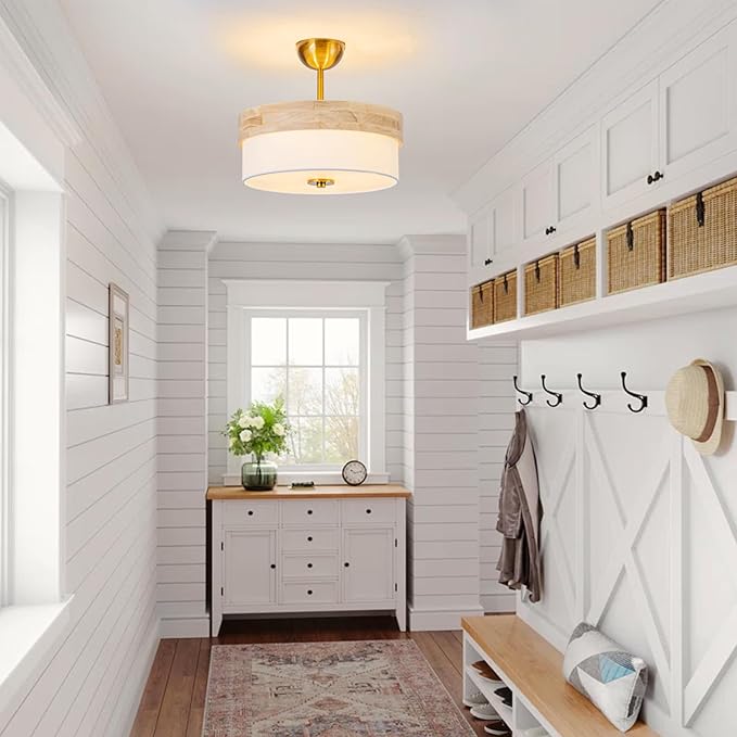 Bargeni Semi Flush Mount Ceiling Light,13 Inch Light Fixtures Ceiling Mount, Natural Wood Trim with Cream White Fabric Shade, Modern Ceiling Light Fixture for Bedroom,Hallway,Kitchen