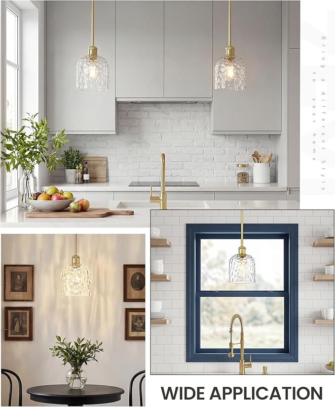 zeyu Glass Pendant Light Kitchen Island, Single Pendant Light, Gold Vintage Hanging Lamp with Clear Hammered Glass, Brushed Gold Finish, ZJF63MIL-L BG