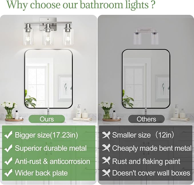 MOKATNG 3-Light Bathroom Light Fixtures, Vanity Light with Clear Glass Shades, Brushed Nickel Bathroom Light Fixtures Over Mirror, Modern Bathroom Wall Lamp for Mirror Living Room Cabinet Bedroom