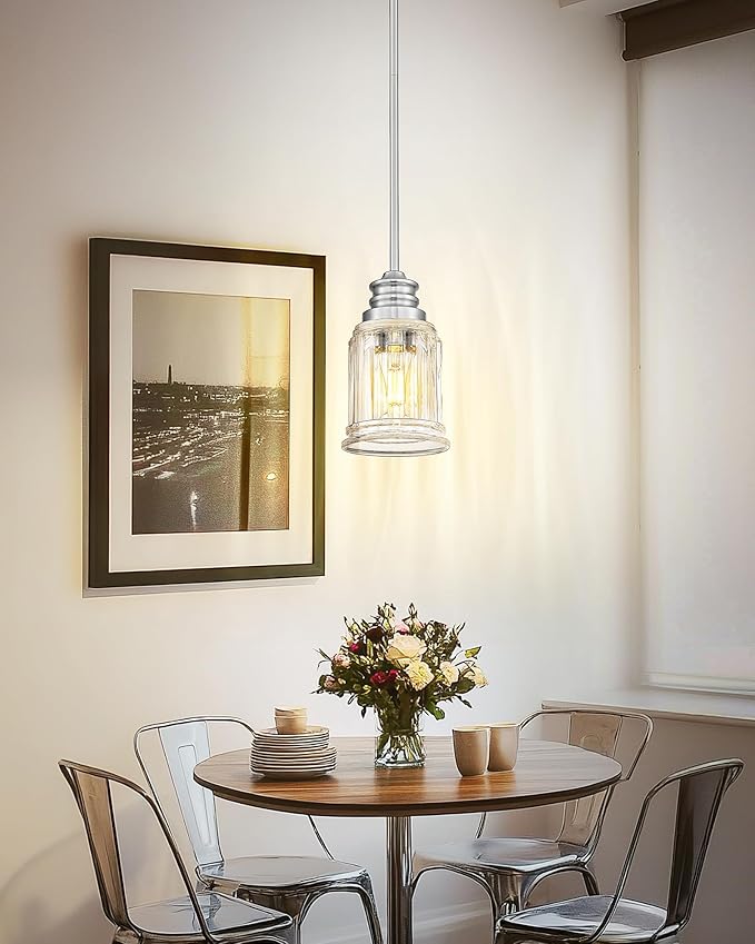 2 Packs Farmhouse Pendant Light Fixtures, HWH 1-Light Hanging Lighting, Kitchen Pendant Lighting Over Island, Brushed Nickel and Bell-Shaped Fluted Clear Glass, 5HZG106MIL-2L BN