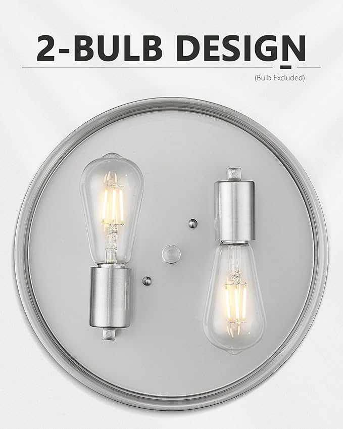 Modern Flush Mount Ceiling Light, HWH 2-Light 12 Inch Brushed Nickel Close to Ceiling Light Fixtures with Water Ripple Hammered Glass for Kitchen Bedroom Foyer, 5HTJ7WG-F BN