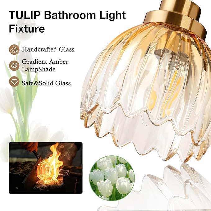 TALOYA Bathroom Vanity Light Fixtures, 3-Light Modern Black and Gold Wall Lights Over Mirror with Gradient Amber Tulip Glass Shades Bathroom Wall Lamp for Mirror, Living Room,Hallway, Farmhouse
