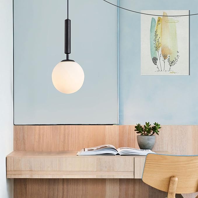 KCO Lighting Modern White Glass Globe Pendant Light Nordic Plug-in Hanging Light Fixture with Adjustable Wire Postmodern Geometric Ball Chandelier for Kitchen Island Dining Room (Black)