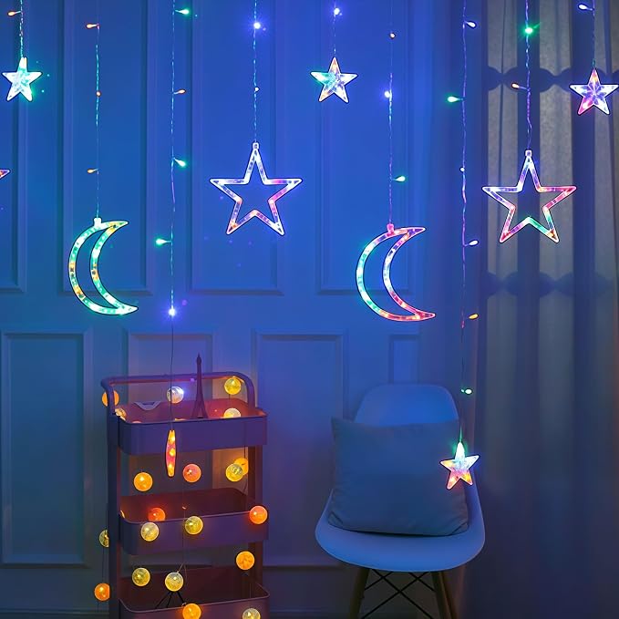 Moon and Stars Decor Curtain Lights, 11.5ft String Lights for Bedroom, Christmas, Ramadan Decor, Indoor LED Fairy Twinkle Light, Battery Operated or USB Plug-in (Multicolor + Remote)