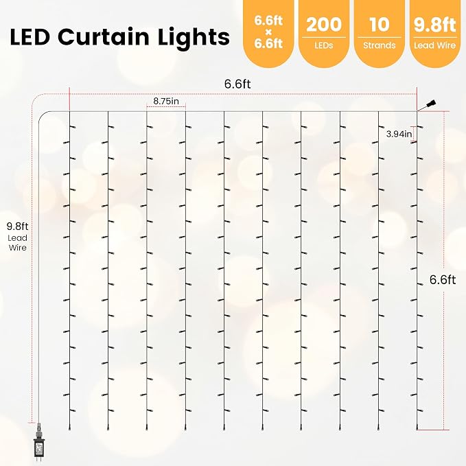 HEYFUNi 6.6ft x 6.6ft Warm White Curtain Lights Plug in - 200 LED Window String Lights with Remote, 8 Modes, Timer & Memory, Connectable Fairy Lights for Bedroom Wall Wedding Dorm Decor, Warm White