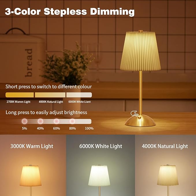 Cordless Rechargeable Table Lamp 3-Color Dimmable Touch Control, 3000mAh Battery Operated Portable Light Beige Fabric Shade for Bedroom, Living Room, Office, Nursery, Bathroom ( Antique Brass, Gift )