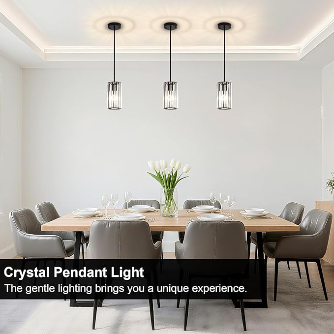 3 Pack Black Modern Crystal Pendant Lights, Hanging Light Fixtures Mini Kitchen Island Pendant Lights Adjustable Crystal Chandelier Fixture for Island Dining Room Hallway Bedroom