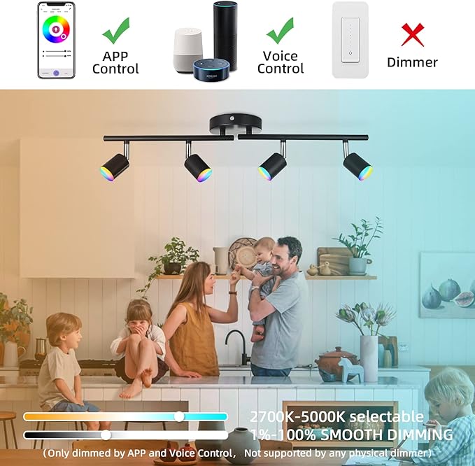 CANEOE Smart 4-Light Black Led Track Lighting Fixtures,16-Colors RGB Track Lighting Kit,Dimmable Track Light Work with Alexa/Google Home/App,Ceiling Spotlight for Kitchen, Living Room, Bedroom, Bar