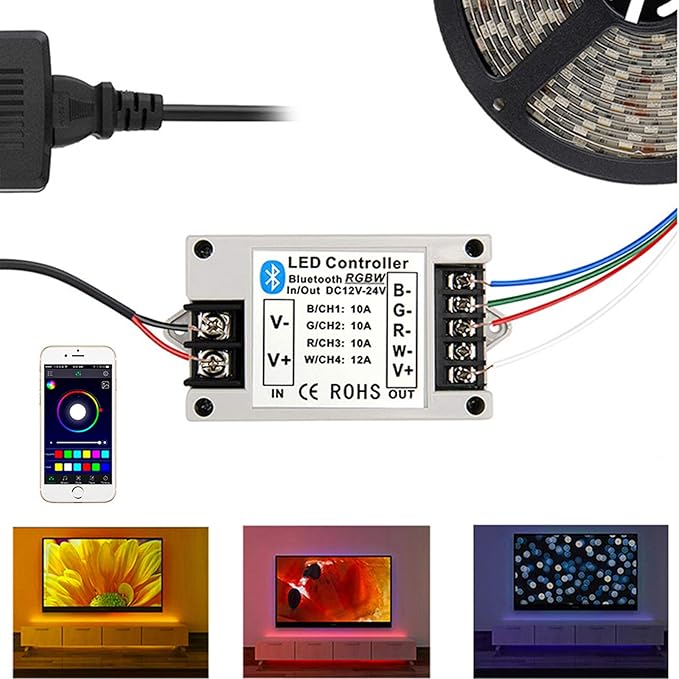 SUPERNIGHT Wireless Bluetooth RGBW/RGB Controller for 5050 3528 LED Light Strips, Smart Phone APP Control Smart Controller for iOS and Android