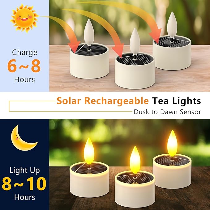 PChero Solar Tea Lights Outdoor Waterproof, 12Pcs Rechargeable Dusk to Dawn Candles, Flameless Flickering LED Votives Candles for Patio Lantern, Garden Decor, Mason Jar, Camping Table, 1.5"x2.1"