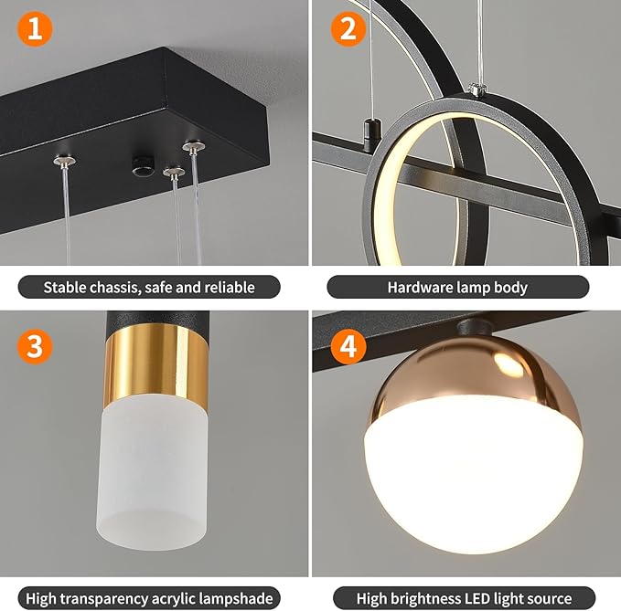 Siittoo Modern Chandeliers for Dining Room, Dimmable Led Linear Pendant Light with Remote Control, Black Gold Pendant Lighting Hanging Light Fixtures for Kitchen Island, Dining Room, Living Room (48W)