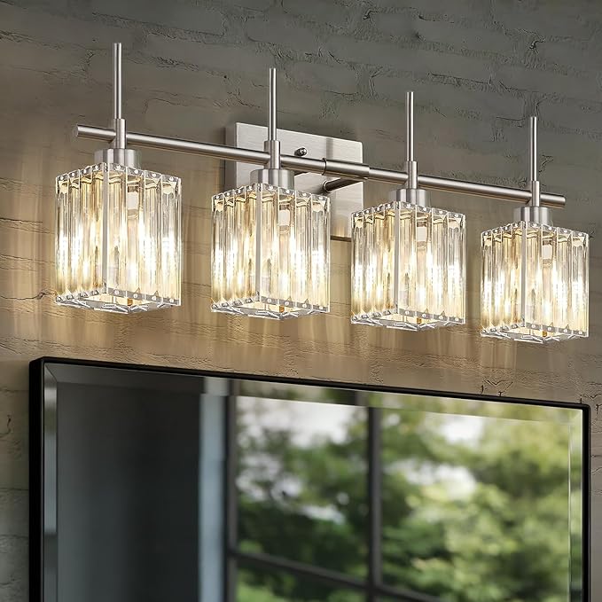 Torondo Modern Crystal Bathroom Vanity Light 4-Light Brushed Nickel Bathroom Light Fixtures Over Mirror Vanity Lighting Fixtures Square Shade Brass Wall Sconce (Bulbs Not Include)