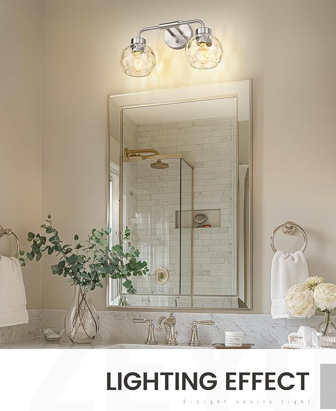zeyu 16 Inch Bathroom Light Fixtures, 2-Light Vanity Bath Light for Mirror Bedroom, Brushed Nickel Finish with Water Ripple Globe Glass, ZS62BG-2W BN-WG
