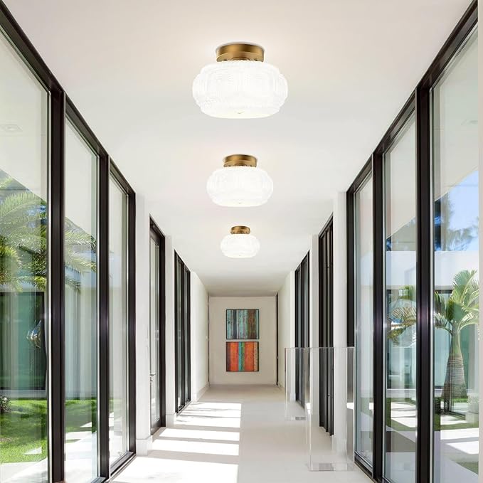 Semi Flush Mount Ceiling Light, Milk Glass Shade Modern Ceiling Light Fixture, Vintage Gold Lighting for Hallway Bedroom Entryway Kitchen Porch