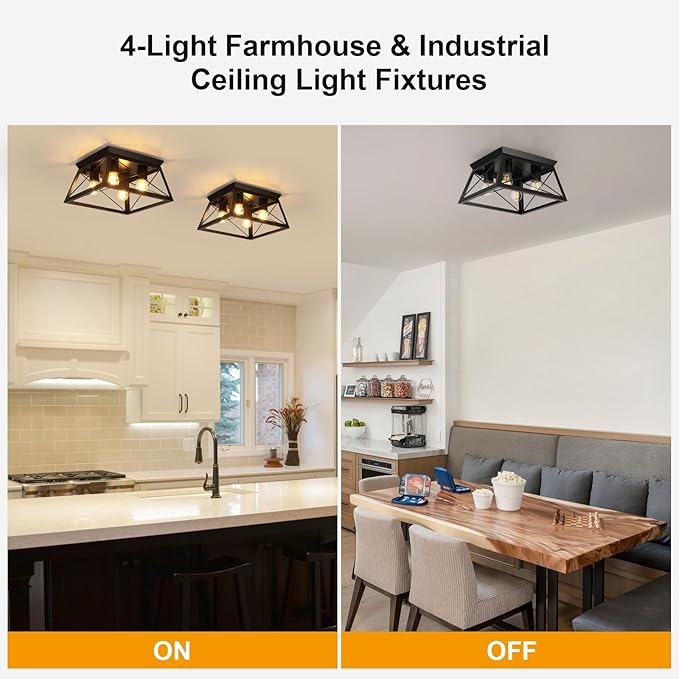 Farmhouse 4-Light Metal-Framed Industrial Kitchen Ceiling Lights - Black Flush Mount for Dining Room, Kitchen, Bedroom, Hallway, Foyer, Living Room, Laundry
