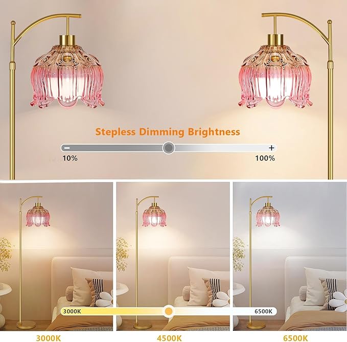 QIYIZM Pink Floor Lamp for Living Room,Bedroom,Gold Dimmable Standing Lamp with Remote,Mid Century Modern Brass Tall Lamp Boho Floor Lamps Arc Stained Glass Flower Floor Light Lamp Girls kids Bohemian