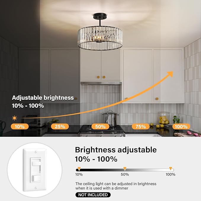 Black Crystal Ceiling Light Fixture, Modern Semi Flush Chandelier, Round Hanging Lighting Chandeliers for Dining Room, Kitchen, Bedroom, 3-Light, 15.74 Inch