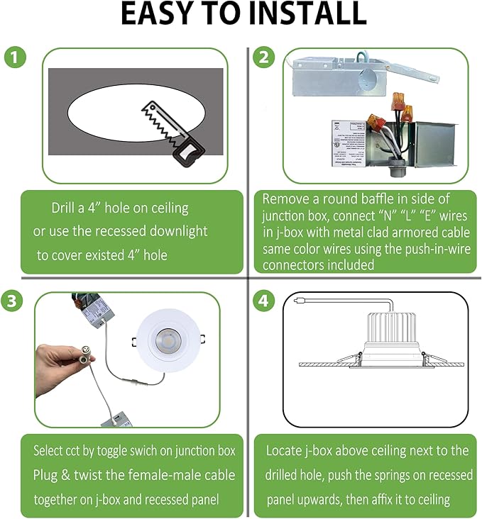 POPANU Canless Recessed Gimbal Downlight - Suitable for 20ft High Ceiling 1200lm 4 Inch 15W LED Rotatable Eyeball Spotlight, 5CCT Dimmable Lights with Junction Box, Anti-Glare White 4 Pack