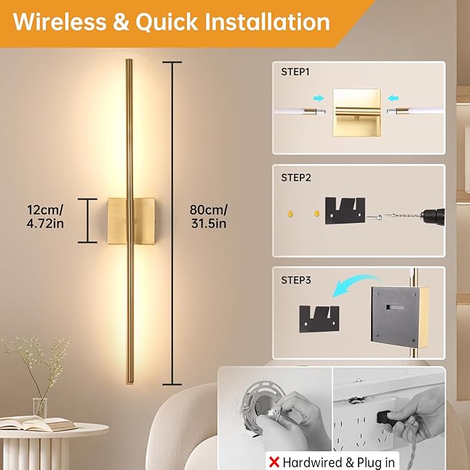 Shenmoyl Battery Operated Wall Sconce Set of 2, 10400mAh Rechargeable Wall Sconces, 3000K-6000K Dimmable, 350°Rotate, Indoor Wall Lights for Bedroom Living Room Bathroom, Gold, 31.5 Inch
