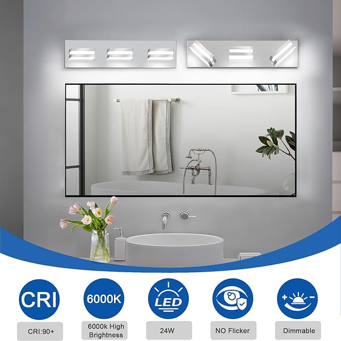 IZORRO LED Modern Bathroom Lights Fixtures(3-Light,Dimmable,360°Rotate),Chrome Acrylic Wall Lighting,Vanity Lights for Bathroom Over Mirror - 6000k 16In （No Assembly Required）