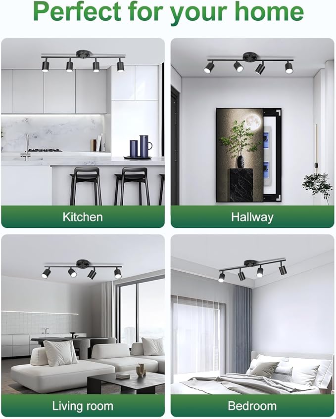 4 Ways Track Lighting, Rotatable Heads Tracks Light, Track Lightings Fixtures Ceiling with Foldable Arms, Modern Black Tracks Light for Kitchen, Living Room, Hallway(Bulbs Not Included)