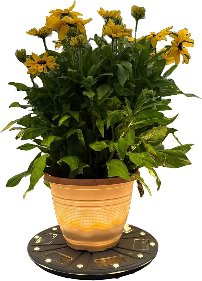 Gama Sonic 15" Illuminated Plant Stand for Outdoor, Solar Power, Grey Base for Exterior Potted Plants, Entryway, Pathway, Landscape Planter Lighting (78i50865)
