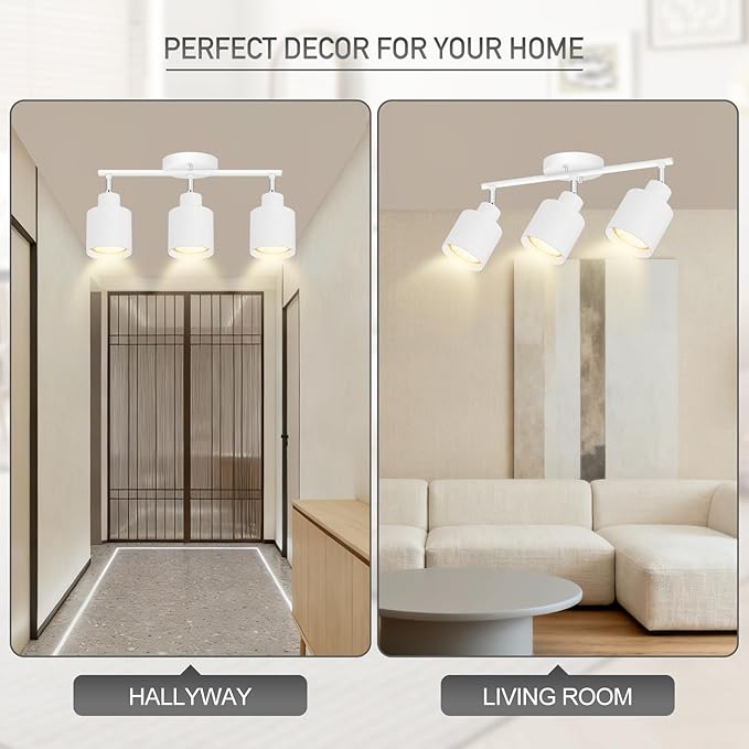 3-Light Led Track Lighting,White Ceiling Lighting Fixtures,Wall Sconces Ceiling Spotlight with Foldable Light Arms for Kitchen, Closet, Bedroom,GU10 Socket, Bulbs Not Included