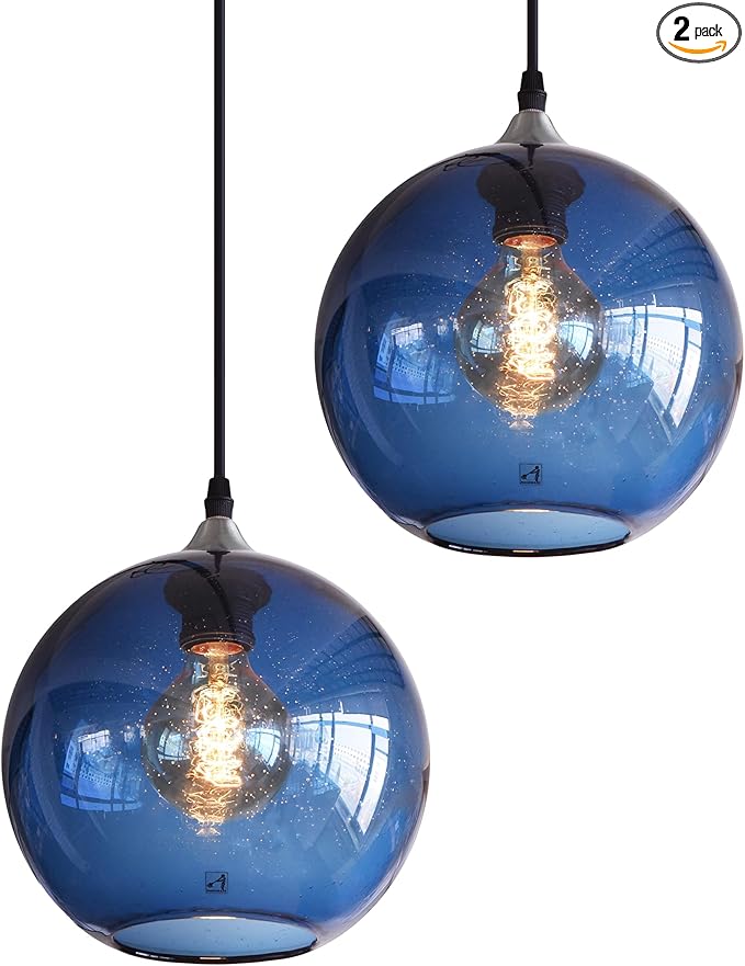 ARIAMOTION Pendant Lights Kitchen Island Blue Glass Lighting Modern Globe Ceiling Hanging Fixtures Seeded Bubble Bedside 8.7 Inch Diam 2-Pack Brushed Nickel