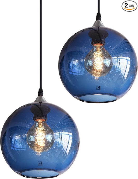 ARIAMOTION Pendant Lights Kitchen Island Blue Glass Lighting Modern Globe Ceiling Hanging Fixtures Seeded Bubble Bedside 8.7 Inch Diam 2-Pack Brushed Nickel